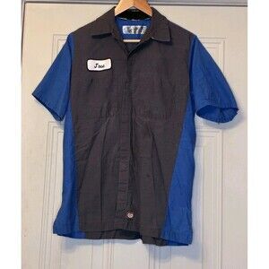Red Cap Gray Blue Mens Mechanic Work Shirt Short Sleeve Button up (Jose On Front
